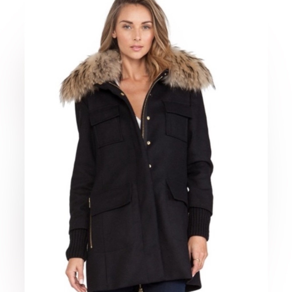 Sam. New York $925 Wool Blend Hooded Real Fur Trim Black Coat